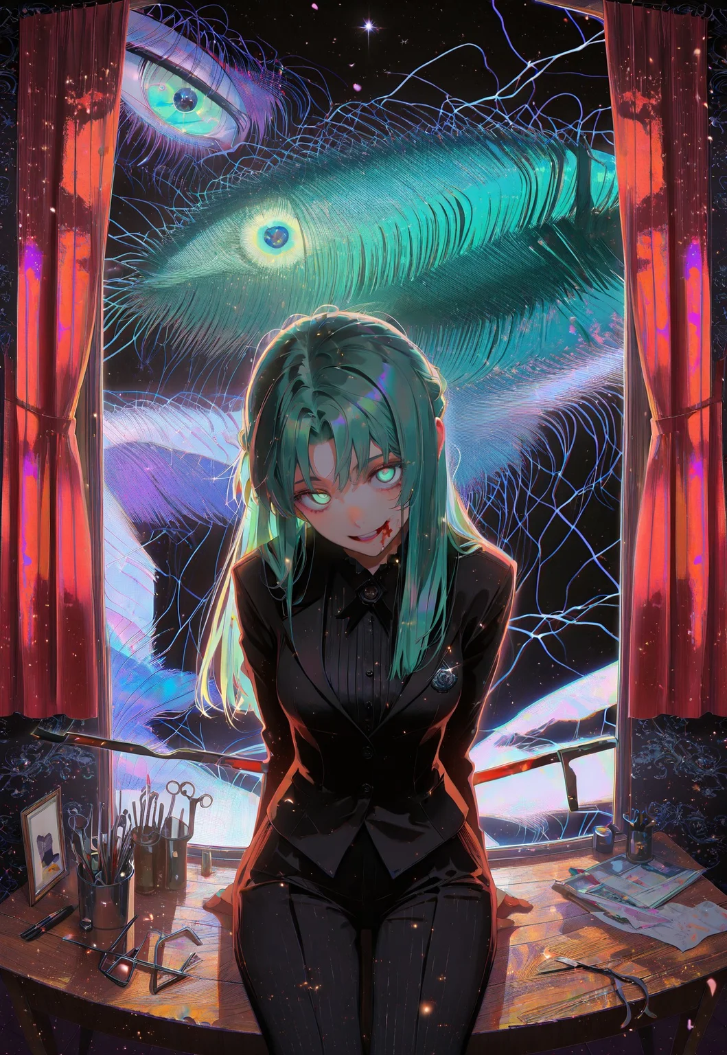 safe_pos, 1girl, sonozaki shion, solo, sitting on wooden table BREAK green eyes, green hair, glowing eyes, long hair, half updo, butler outfit, wooden table, sitting on table, head tilt, (looking at viewer:1.0), blood on face, blood splatter, red curtains, closed curtains, fancy room, indoors, excessive blood, crazy eyes, arms behind back, surreal wide smile, window with night view, dim background, backlighting, indirect lighting, red tint, spectral rays,Cinematic Lighting, shadows, close-up, illuminating face, tools on table, scissor, pliers,crowbar, white table cloth, velvet theme, vibrant colors, textured surfaces, depth of field, black windows, night outside, pitch black night, darkness, dark, at table, horror theme, night, black sky, horror, glitch,abstract,mhh,
(sexy), dynamic light, beautiful light,
raytracing, ambient occlusion, detailed background,
masterpiece, best quality, amazing quality, very aesthetic, absurdres, newest, huge filesize, (by dino_(dinoartforame):0.4), (ask_(askzy):0.6), (by sakuraba yuuki:0.3), (ilya kuvshinov:0.2), (incase:0.65),