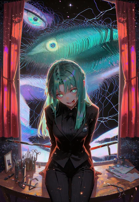 safe_pos, 1girl, sonozaki shion, solo, sitting on wooden table BREAK green eyes, green hair, glowing eyes, long hair, half updo, butler outfit, wooden table, sitting on table, head tilt, (looking at viewer:1.0), blood on face, blood splatter, red curtains, closed curtains, fancy room, indoors, excessive blood, crazy eyes, arms behind back, surreal wide smile, window with night view, dim background, backlighting, indirect lighting, red tint, spectral rays,Cinematic Lighting, shadows, close-up, illuminating face, tools on table, scissor, pliers,crowbar, white table cloth, velvet theme, vibrant colors, textured surfaces, depth of field, black windows, night outside, pitch black night, darkness, dark, at table, horror theme, night, black sky, horror, glitch,abstract,mhh,
(sexy), dynamic light, beautiful light,
raytracing, ambient occlusion, detailed background,
masterpiece, best quality, amazing quality, very aesthetic, absurdres, newest, huge filesize, (by dino_(dinoartforame):0.4), (ask_(askzy):0.6), (by sakuraba yuuki:0.3), (ilya kuvshinov:0.2), (incase:0.65),