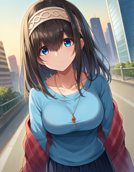 score_9, score_8_up, score_7_up, source_anime,
fumikasagisawa, <lora:fumika-sagisawa-ponyxl-lora-nochekaiser:1>,
fumika sagisawa, blue eyes, black hair, hairband, long hair, hair over eyes,
blue sweater, collarbone, jewelry, necklace, shawl, sweater, skirt,
outdoors, cityscape,
looking at viewer, dutch angle, cowboy shot,