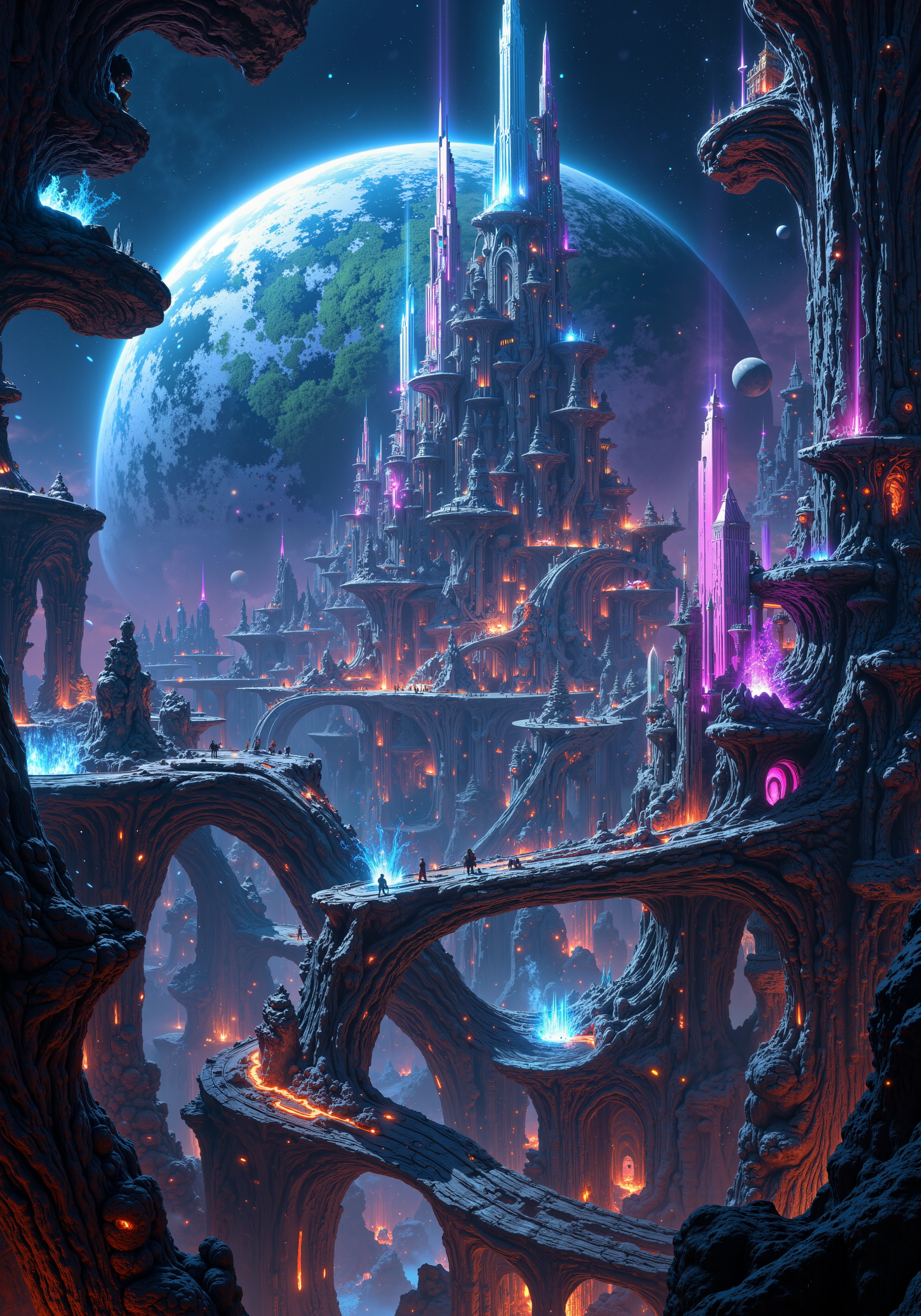 Hyperdimensional lattice-city suspended within an iridescent gas giant's upper atmosphere. Translucent crystalline spires interconnected by pulsating energy bridges. Gravity-defying platforms host alien bazaars teeming with bioluminescent lifeforms. Swirling auroras illuminate floating gardens of metallic flora. Quantum teleportation hubs nestled in fractal architecture. Atmospheric processors integrated into spiraling towers. Shapeshifting living metal adapts to inhabitants' needs. Plasma shields deflect cosmic radiation. Holographic interfaces flicker amidst ethereal mists. Antigravity transport pods weave through non-Euclidean passages. Multispectral lighting casts prismatic shadows. Intricate details, 8K resolution, hyper-realistic textures. <lora:Hand v2:0.9> <lora:Anime v1.3:0.4> <lora:FluxFantasyDetailerV2:0.5> <lora:flux_dev:1>