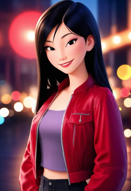 masterpiece, best quality, absurdes,  professional, 4k, highly detailed, 1girl, solo,
.35mm photograph, film, bokeh, cinematic photo casual,
<lora:All Disney Princess from Ralph Breaks the Internet (NoobAI):0.9>
Mulan, casual outfit, red jacket,
mature female, smile, 
blurry background, detailed background,
<lora:Detailer_NoobAI_Incrs_v1:0.4> detailed,