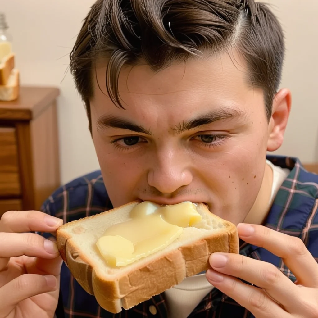 a bea man eating a piece of bread with butter on it, <lora:eatpan:0.8>