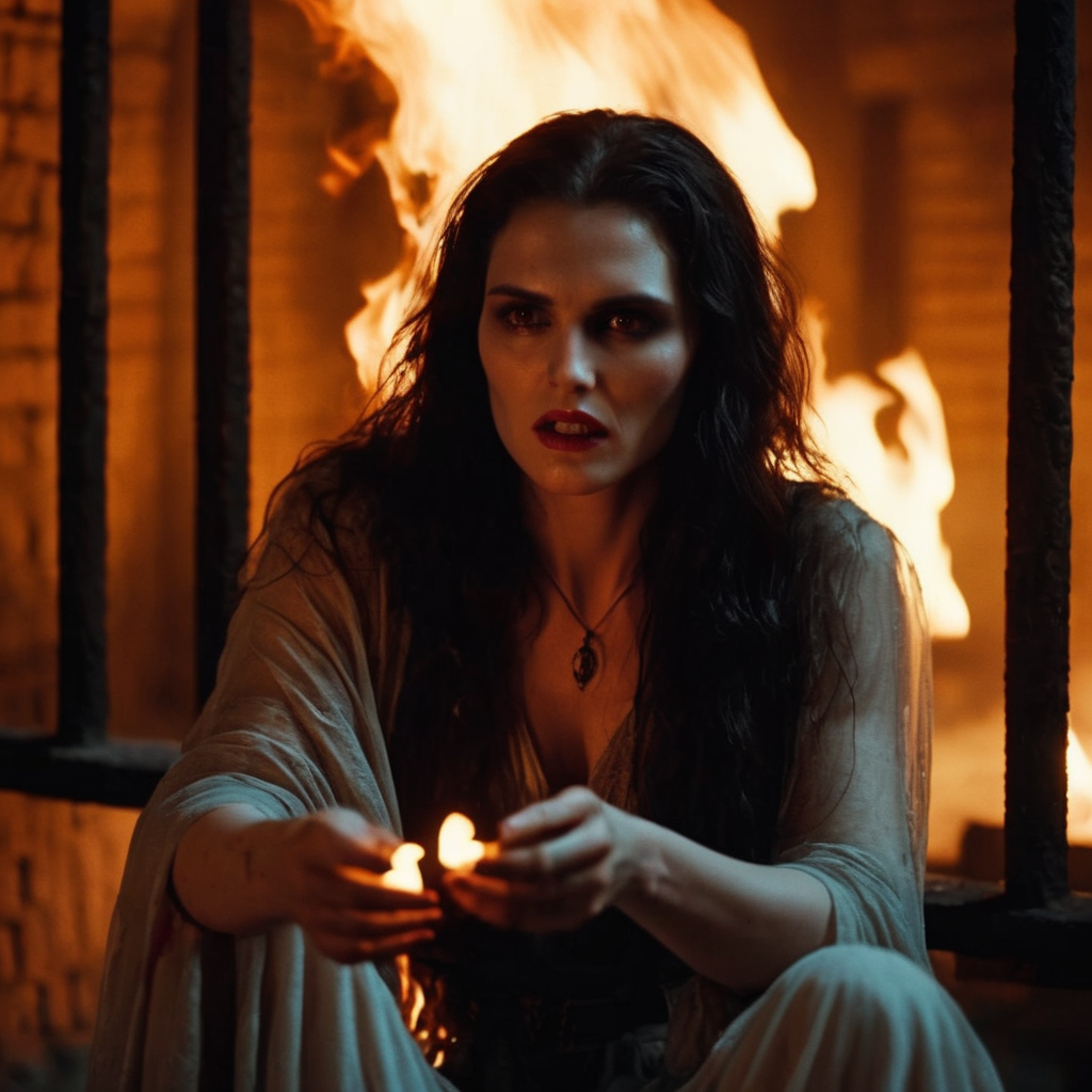 cinematic film still of  <lora:Female Vampire 2:1.2>
Female Vampire a  pale ice cold skin gypsy vampire woman sitting in a prison cell with a fire in her hand as she is burned alive and disintegration by fire in year 800 BC, shallow depth of field, vignette, highly detailed, high budget, bokeh, cinemascope, moody, epic, gorgeous, film grain, grainy