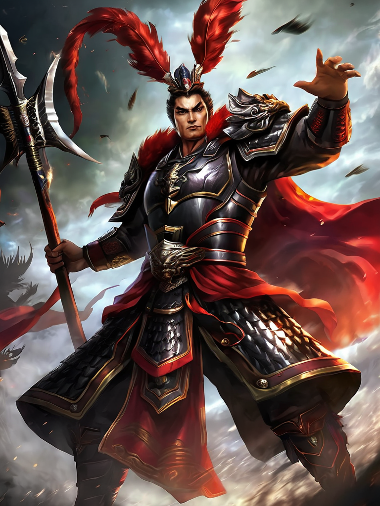 masterpiece,best quality,highly detailed,ultra-detailed, digital art, dark theme, smoky,
lvbu man, pheasant_tail_feathers_crown, beast-face armor, beast-face belt, holding sky-piercing halberd, red cape,flying arrows, dynamic composition, high detail, fantasy theme, male character
sky, mature male, cold theme <lora:lvbu_sdxl:0.7>