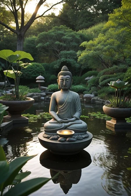 In a tranquil Zen garden illuminated by the first light of dawn, a living, breathing person, evoking the essence of Buddha, sits in deep meditation on a lotus in the midst of a serene pond. The morning sun casts a gentle glow, creating a soft halo around this individual. Surrounding them are bowls filled with water, each cradling floating petals, amplifying the atmosphere of peace