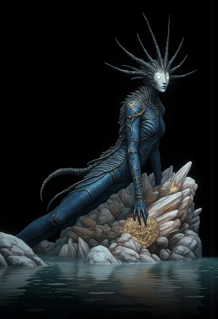 A blind oracle mermaid resting on crystal-encrusted rocks by the shore. Her scales shift colors with each prophecy she speaks, and ancient runes float in the water around her. Her white eyes reflect visions of possible futures
Standing in a hyper stanced extended action pose
Set against a solid dark black color background to emphasize its unsettling unnatural form that emphasizes its silhouette. The medium is not a traditional painting or illustrative medium like watercolor or ink but rather a digital 3D rendering.
MikeFranchinastyle, d4artstyle, d4concept, , bbstyle,, horror theme,, zbrush, ZBClay model of a gray sculpture, 1990's, 1990's style