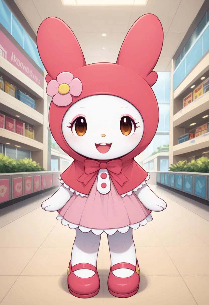 score_9, score_8_up, score_7_up, score_6_up, score_5_up, (ultra realistic, 32k, masterpiece:1.2), (high quality:1.1), Mymelo, antro, female, solo, smile, animal ears, open mouth, full body, day, rabbit ears, no humans, happy, pink flower, animal hood, animal focus, hooded capelet, furry, pokemon (creature), white body, pink ears, mall, bedroom eyes, pink makeup, pink mary jane shoes,, pink gothic dress with lace, pink lipstick, cute smile, looking at viewer, by kekitopu