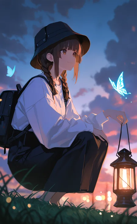 masterpiece, best quality, good quality, very awa, newest, highres, absurdres, 1girl, solo, smile, short hair, shirt, skirt, brown hair, black hair, long sleeves, hat, holding, closed mouth, brown eyes, white shirt, braid, sidelocks, outdoors, sky, cloud, blunt bangs, bag, blurry, twin braids, blurry background, depth of field, glowing, squatting, backpack, grass, cloudy sky, helmet, bug, butterfly, light particles, backlighting, long skirt, sunset, lantern, bokeh, twilight, evening, dusk, holding lantern, glowing butterfly, bucket hat, xxx667_illu,
glowing, <lora:illustriousXL_stabilizer_v1.23:0.3> <lora:NOOB_vp1_detailer_by_volnovik_v1:0.3> <lora:ponyv6_noobE11_2_adamW-000017:0.3> <lora:96YOTTEA-WAI:0.5> <lora:XXX667:0.5> <lora:HaradaTakehitoIXL_v3:0.8>