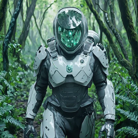 <lora:2020s_Sci-Fi_MovieSDXL:1> ArsMovieStill, Movie still from a 2020s Sci-Fi movie, The image shows a man in a futuristic suit walking through a forest wearing a helmet and surrounded by trees and plants., nature, forest, helmet, solo, 1boy, armor, male focus, tree, glowing, power armor