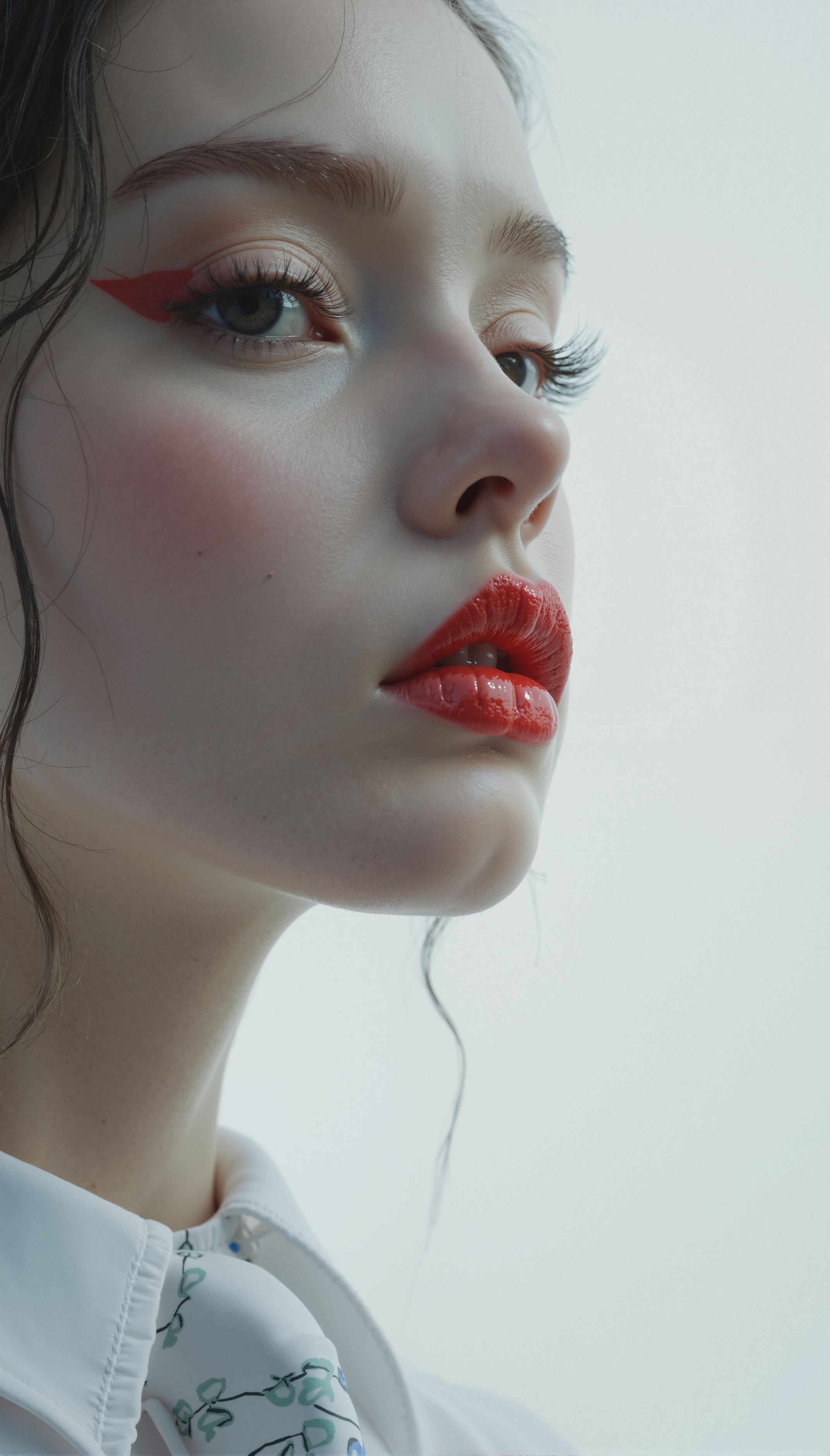 A captivating minimalist portrait of a shy and alluring woman. The left half of her face is visible, with her delicate features seamlessly merging into a blank canvas of white. Her soft, bright red lips contrast against the monochromatic background, drawing the viewer's attention. Her eyes hold a subtle, mysterious expression that exudes both haunting and enchanting vibes. The simplicity of the composition, with its stark contrast, evokes a sense of ethereal beauty. photograph, landscape of a In this captivating portrait, a lone figure in a sharp Action scene, sharp focus, dlsr, 8k, high contrast, dramatic lighting, vivid composition, strong and assertive pose, hyper detail, extreme detail, natural texture. and tie stands against the backdrop of an action scene. The dlsr, with its powerful eyes and muscular body, is engaged in an intense focus. The k, with its thick brushstrokes and bright colors, innovative, playful and colorful compositions, intricate staging, Neon-noir photography