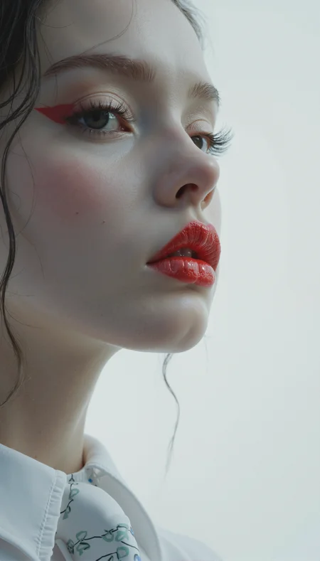 A captivating minimalist portrait of a shy and alluring woman. The left half of her face is visible, with her delicate features seamlessly merging into a blank canvas of white. Her soft, bright red lips contrast against the monochromatic background, drawing the viewer's attention. Her eyes hold a subtle, mysterious expression that exudes both haunting and enchanting vibes. The simplicity of the composition, with its stark contrast, evokes a sense of ethereal beauty. photograph, landscape of a In this captivating portrait, a lone figure in a sharp Action scene, sharp focus, dlsr, 8k, high contrast, dramatic lighting, vivid composition, strong and assertive pose, hyper detail, extreme detail, natural texture. and tie stands against the backdrop of an action scene. The dlsr, with its powerful eyes and muscular body, is engaged in an intense focus. The k, with its thick brushstrokes and bright colors, innovative, playful and colorful compositions, intricate staging, Neon-noir photography