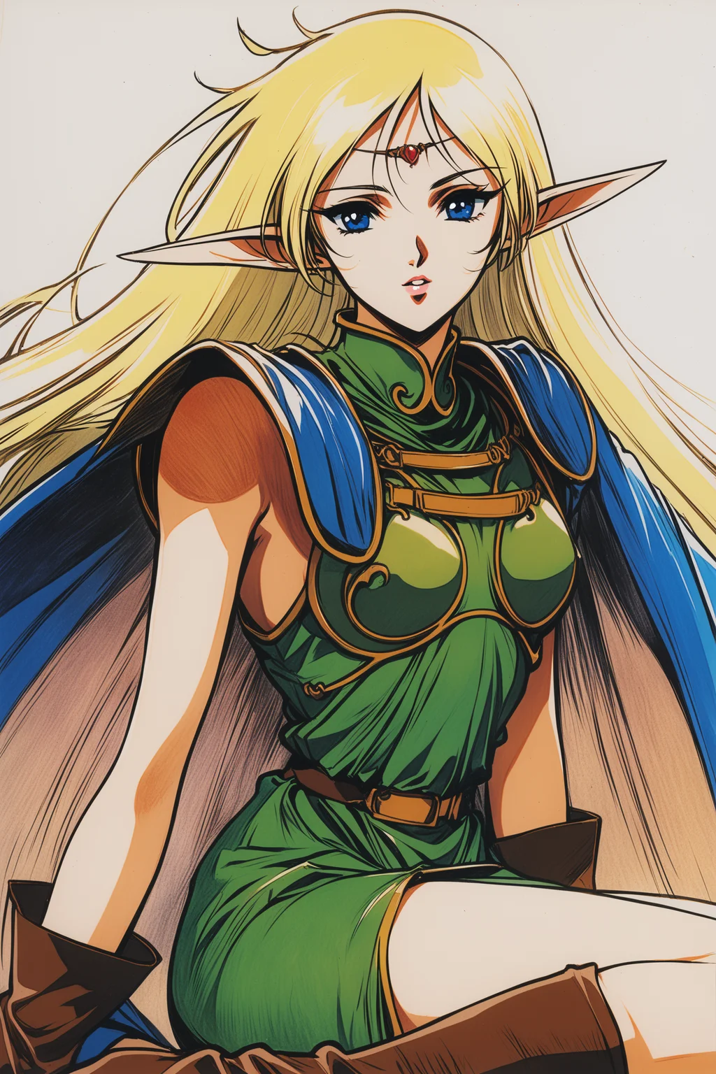 1girl,Deedlit,solo,pointy ears,long hair,blonde hair,green armor,brown gloves,elf,cape,blue cape,blue eyes,brown boots,circlet,very long hair,green shoulder armor,parted lips,sitting,looking at viewer,white background,retro artstyle,traditional media,
<lora:yuuki nobuteru_XL:0.8>,