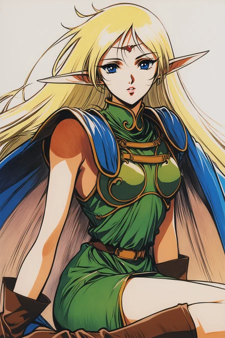 1girl,Deedlit,solo,pointy ears,long hair,blonde hair,green armor,brown gloves,elf,cape,blue cape,blue eyes,brown boots,circlet,very long hair,green shoulder armor,parted lips,sitting,looking at viewer,white background,retro artstyle,traditional media,
<lora:yuuki nobuteru_XL:0.8>,