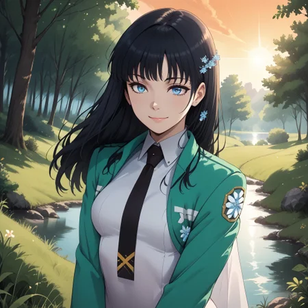 score_9, score_8, BREAK, solo, Shiba Miyuki, long black hair, dark blue eyes, snowflake hair ornament, yellow x hair ornament, school uniform, white long dress, sea-green cropped open jacket with long sleeves, black necktie, sexy pose, self portrait, smile, outdoors, sunlight, shadows, evening lighting, natural lighting, forest, trees, grass, orange sky, sunset
