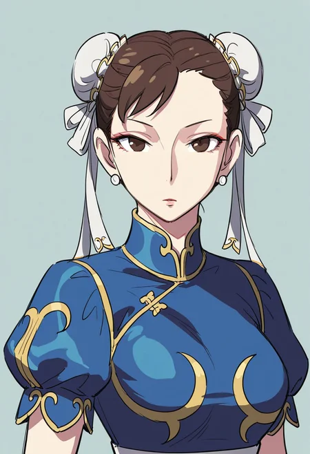 {{masterpiece,best quality,amazing quality,absurdres}}, {{flat shading, cel shading}}
BREAK
1girl, solo, upper body, simple background, portrait, looking at viewer, chun li, blue dress, short sleeves, poofy sleeves, brown hair, white hair buns