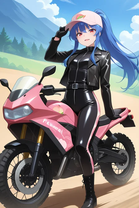 absurdres, highres, masterpiece, best quality, amazing quality, official anime artwork, screencap, anime screencap, outdoors, looking at viewer, light smile, dynamic pose,
<lora:Tenshi-Hinanawi_Illustrious:1> hinanawi tenshi, 1girl, solo, red eyes, blue hair, long hair,, hinanawi tenshi \(flaming gale rider\), alternate costume, alternate hairstyle, ponytail, two-tone baseball cap, pink baseball cap, white baseball cap, peach print, biker clothes, black jacket, open jacket, leather jacket, long sleeves, leather suit, black bodysuit, black lace-up boots, black belt, leather gloves, 
dirtbike, motor vehicle, motorcycle, hand on headwear, open mouth,