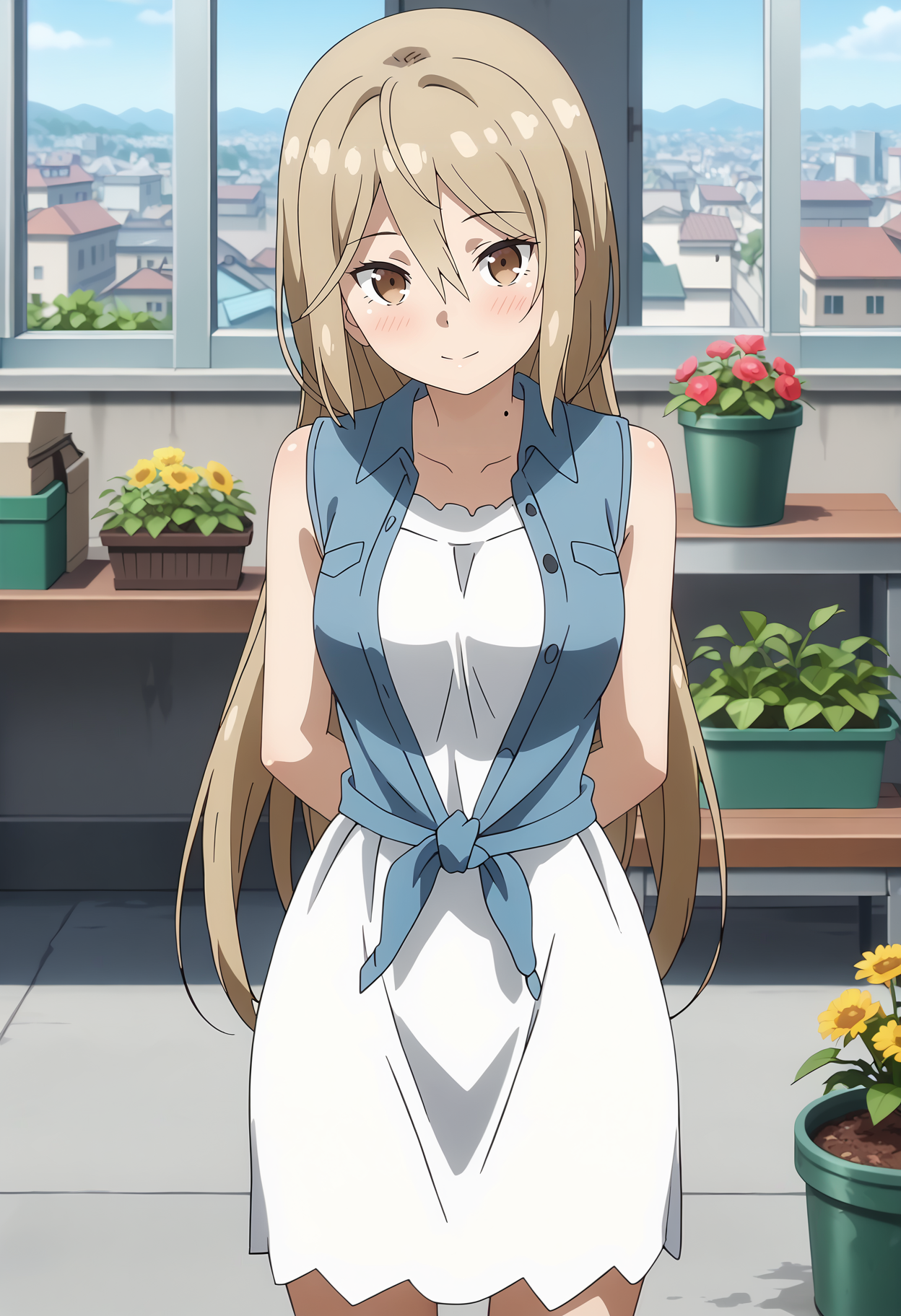 anime screencap,
<lora:OneRoom_KotokawaAkiraXL:0.9>,
1girl, solo, closed mouth, light smile, blush,
long hair, light brown hair, hair between eyes, brown eyes, mole on neck,
AkiraCasual, front-tie top, wing collar, blue vest, open vest, sleeveless, white dress, white skirt,
thigh gap,  arms behind back, cowboy shot, standing, looking at viewer,
day, rooftop, plants, cityscape, outdoors,