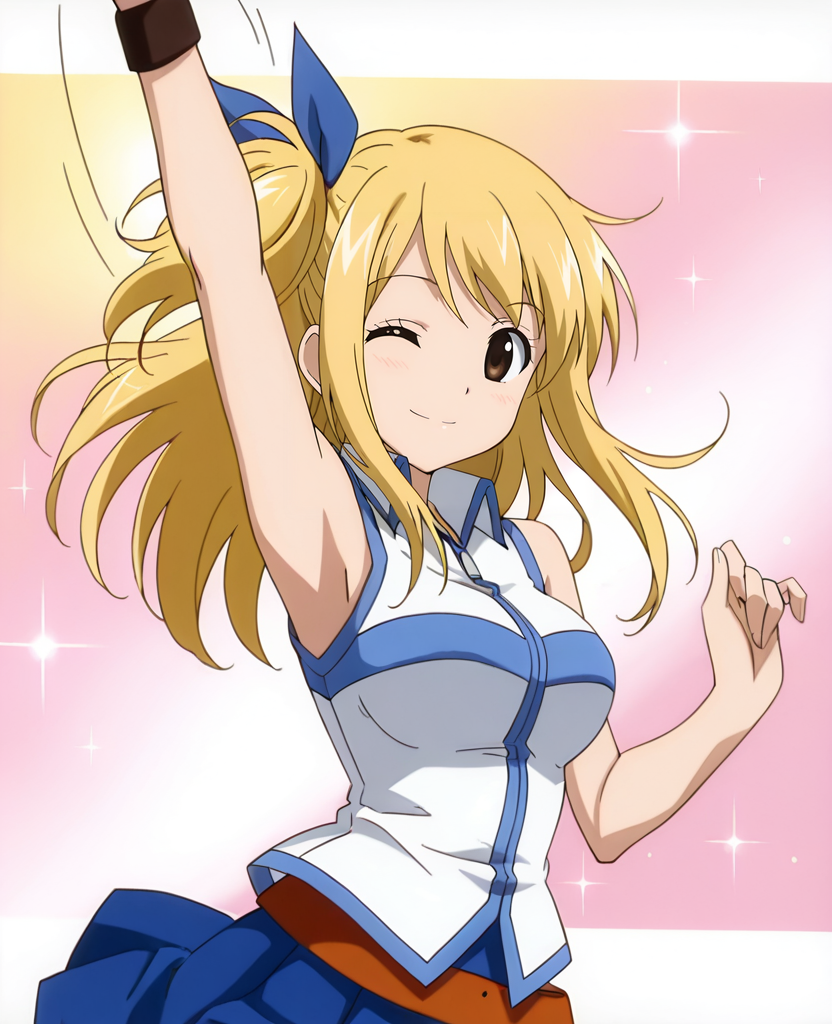 (masterpiece), (best quality), absurdres, highres, <lora:Lucy_Heartfilia_ILLUS:1> , lh1, bracelet, 1girl, solo, long hair, skirt, blonde hair, brown eyes, hair ribbon, belt, one side up, looking at viewer, smile, arm up, hair toss, floating hair, blush, one eye closed, armpits