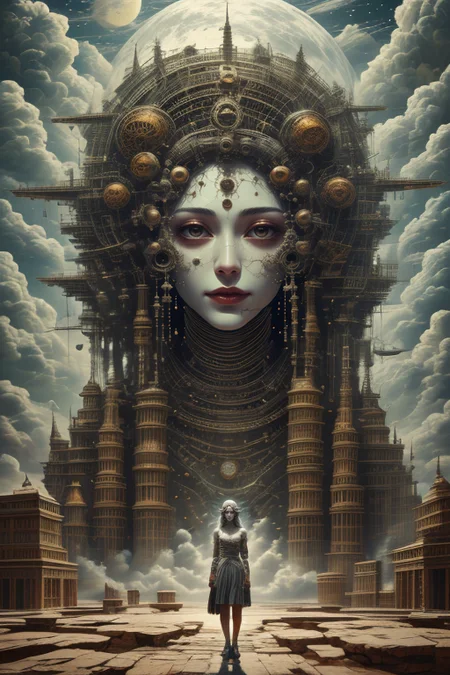 at distance,(fullbody:1.2),posing,flirting,(playful gaze, smirking,radiant smile:1.1),1girl,moon surface,<lora:not-the-true-world-sd15_r1:1>,<lora:Concept_-_Hella-sthetic_v2:0.7>,gaint stone statue of ancient goddess,towering to the clouds,above buildings,, intricate, elegant, highly detailed, symmetry, magical atmosphere, sharp focus, majestic, very coherent, radiant, advanced, cinematic, artistic, fine detail, winning, beautiful, stunning, dramatic light, designed, rich deep colors, perfect professional background, ambient, tailored set composition