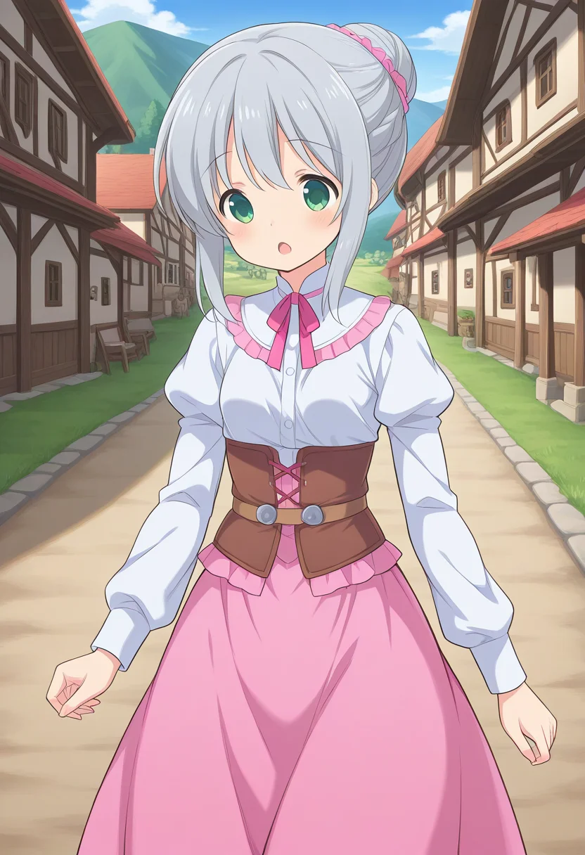 1girl, solo, lalaciellalanciel, grey hair, hair bun, green eyes, white shirt, long sleeves, juliet sleeves, brown corset, pink skirt, long skirt, medieval clothing, outdoors, village, open mouth, :o, walking, cowboy shot,