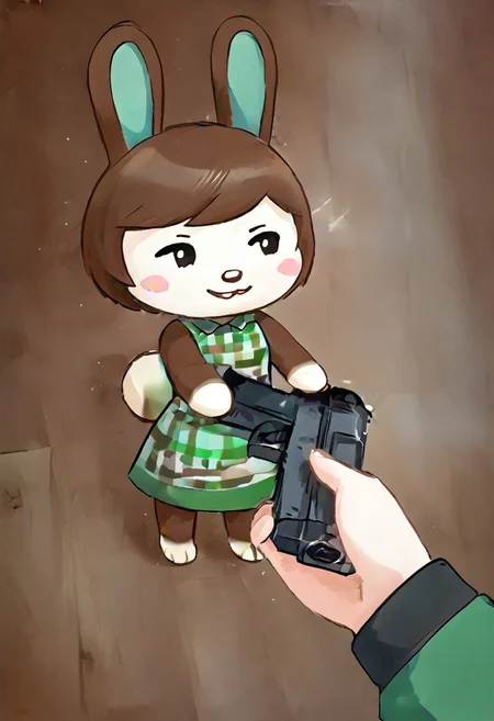 animal crossing full color style, animalcrossing style,  Expressiveh, smooth (carmenac)rabbit, small waist,holding gun, tail, green checkered dress, full body view, tiptoes, solo, Go do a crime(1gril, Woodend floors, Living Room