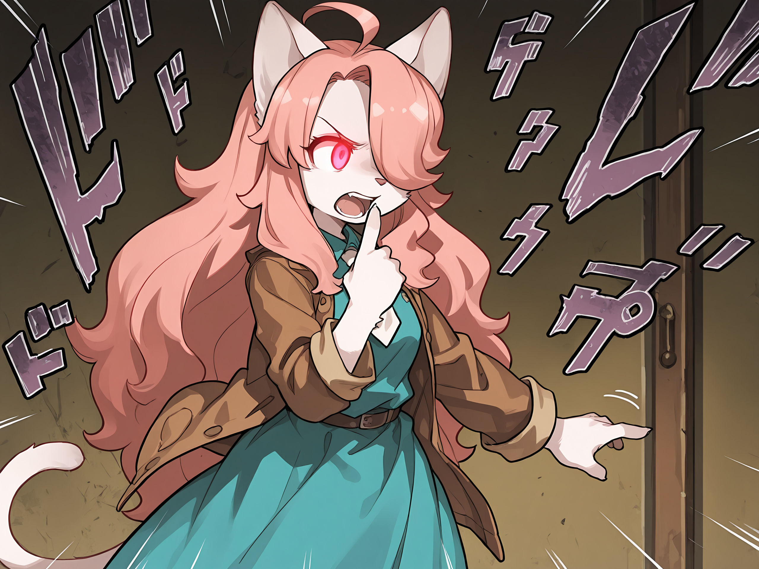 BREAK, <lora:Hanna_Fondant:1>, hanna fondant, fuga: melodies of steel, kemono, furry female, young female, 1girl, cat girl, white fur, pink eyes, pink hair, long hair, ahoge, hair over one eye, animal ears, cat ears, cat tail,
BREAK, Fuga 2 Outfit, teal dress, brown open jacket, white necktie,
BREAK, solo, half body, outside, standing, angry, confident, open mouth, gangs, looking away, narrowed eyes, determined, pointing finger, motion lines, action pose, glowing eyes, menacing, pose, resolve