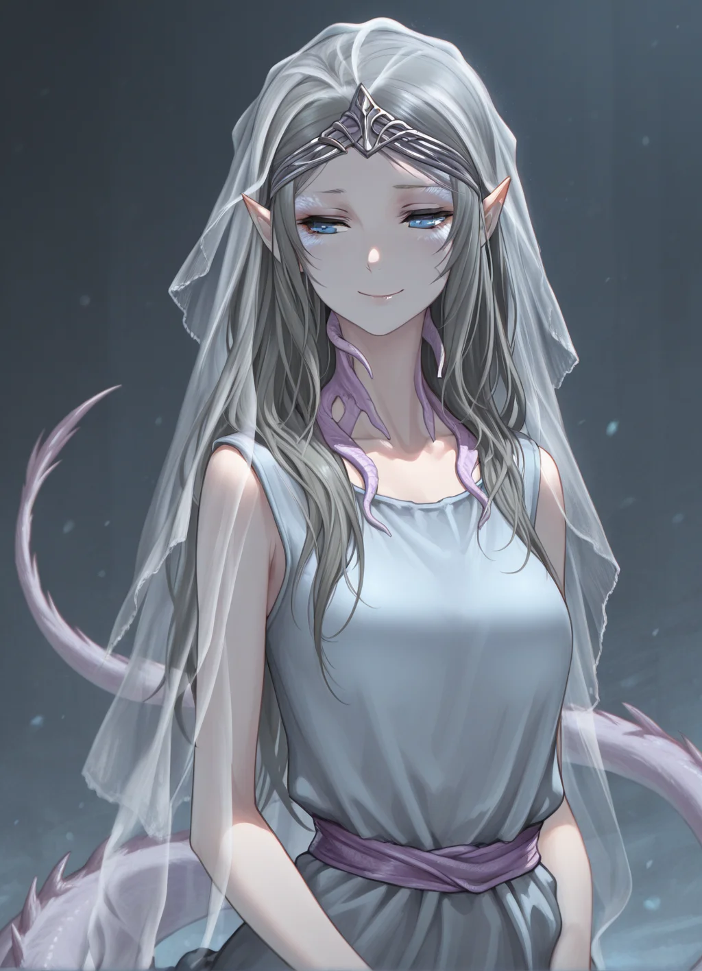 masterpiece, best quality,1girl,upper body, yorshka, solo, long hair, blue eyes, dress, pointy ears,standing, smile, veil,tail, <lora:Yorshka:1>