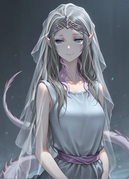 masterpiece, best quality,1girl,upper body, yorshka, solo, long hair, blue eyes, dress, pointy ears,standing, smile, veil,tail, <lora:Yorshka:1>