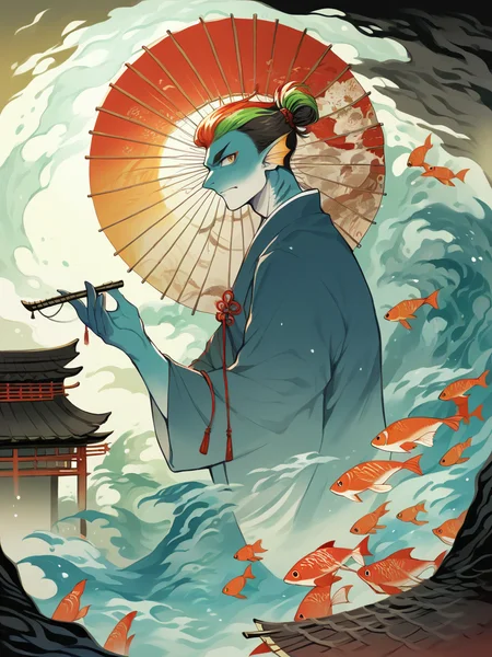 score_9, score_8_up, score_7_up, score_6_up, score_5_up, <lora:kuriXLP:1> kuri, east asian architecture, fish, 1boy, oil-paper umbrella, multicolored hair, solo