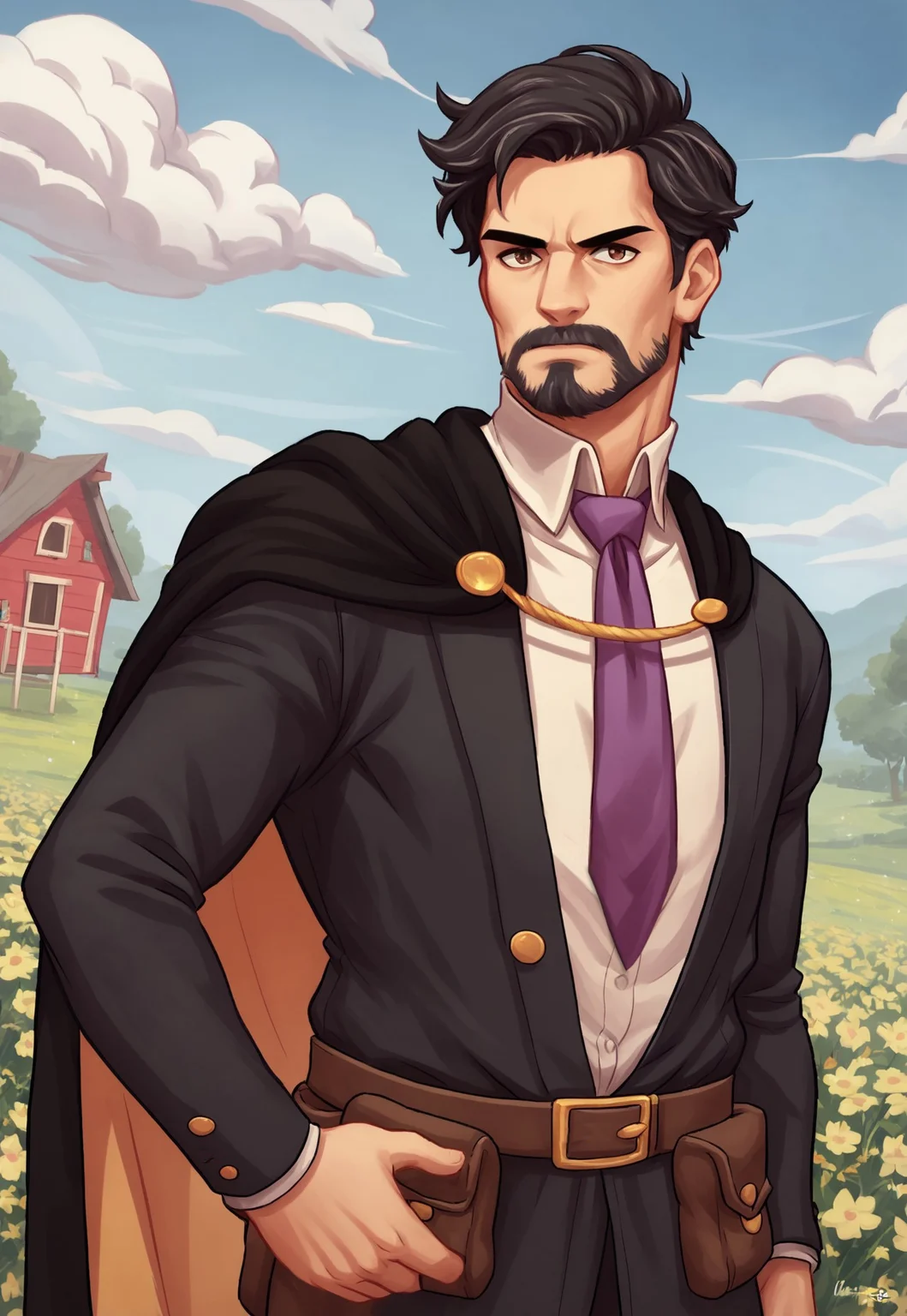 score_9, score_8_up, Matheo, mature male, greying black hair, short hair, brown eyes, facial hair, beard, cape, black jacket, white shirt, purple necktie, detailed background, dynamic pose, looking at viewer, serious, cottage, outdoors, flowers, blue sky, clouds, upper body, belt, pouch, dutch angle, gust of wind, grabbing pouch, cowboy shot,