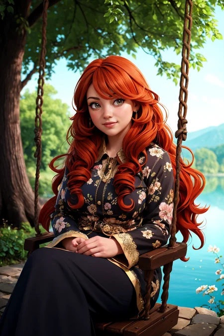 1girl, big hair, curly hair, long hair, long sleeves, looking at viewer, orange hair, red hair, ringlets, shirt, solo, wavy hair, lake, nature, dappled sunlight, flower, tree,swing, sitting, 
masterpiece, best quality, intricate details, <lora:backlight_slider_v10:-0.5> <lora:contrast_slider_v10:3>      <lora:weight_slider_v2:0.7>