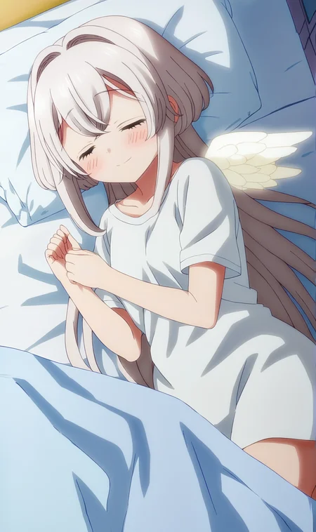 Towa, 1girl, solo, white hair, very long hair, white shirt, no pants, thighs, lying on bed, from above, sleeping, mini wings, blush, small smile, dreaming, night, indoors, blue theme, anime coloring, <lora:Towa Pony XL:1>