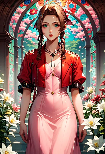 (score_10, score_9_up, score_8_up, score_7_up,) 1girl, aerith gainsborough, brown hair, braid, long hair, green eyes, hair ribbon, pink dress, red jacket, cropped jacket, best quality, high quality, masterpiece, highres, cathedral interior, flower, white lilies, stained glass, extremely detailed CG, extremely detailed 8K wallpaper, extremely detailed character, solo, sharp focus, dramatic angle, cinematic lighting, extremely delicate and beautiful, absurdres, incredibly_absurdres, bloom, glow, bokeh, jewelry, ornaments, Painstaking Attention To Details,