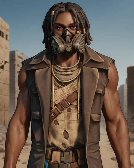 score_9, score_8_up, score_7_up, rating_questionable, intricately detailed, high resolution,<lora:Ulysses_Fallout_New_Vegas:0.8>, realistic,
1boy(u1ysses, ulysses_coat, ulysses_mask, african, dark brown skin, black hair, dreadlocks, sleeveless, brown leather coat, bandolier, undershirt with holes, muscular, cowboy shot, solo, looking at viewer), ,
postapocalyptic wasteland, ruined city, ruins, outdoors,
front view,
<lora:ral-chrosc-clr:0.7>, ral-chrosc-clr,
<lora:Expressive_H:0.5>
<lora:xl_more_art-full_v1:0.3>,
<lora:add-detail-xl:0.3>