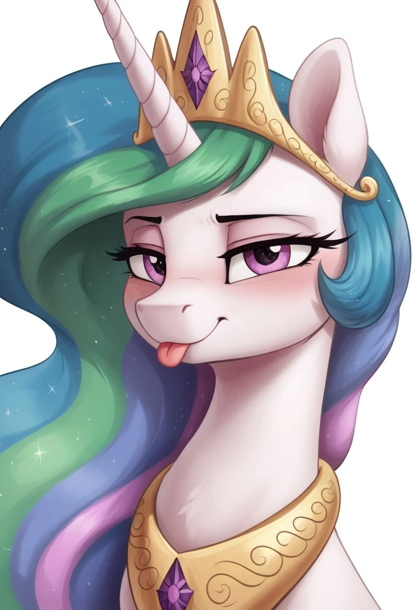 score_9, score_8_up, score_7_up, score_6_up, score_5_up, score_4_up, pony, g4, solo, princess celestia, tongue :p, white background, detailed fur, blushing, cute, glare, high res, lidded eyes, detailed face, detailed face