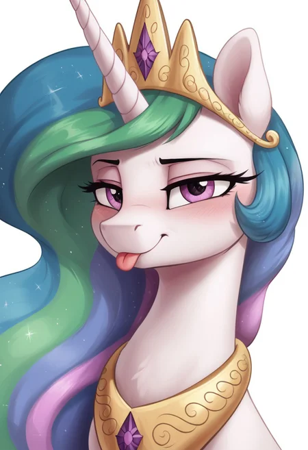 score_9, score_8_up, score_7_up, score_6_up, score_5_up, score_4_up, pony, g4, solo, princess celestia, tongue :p, white background, detailed fur, blushing, cute, glare, high res, lidded eyes, detailed face, detailed face
