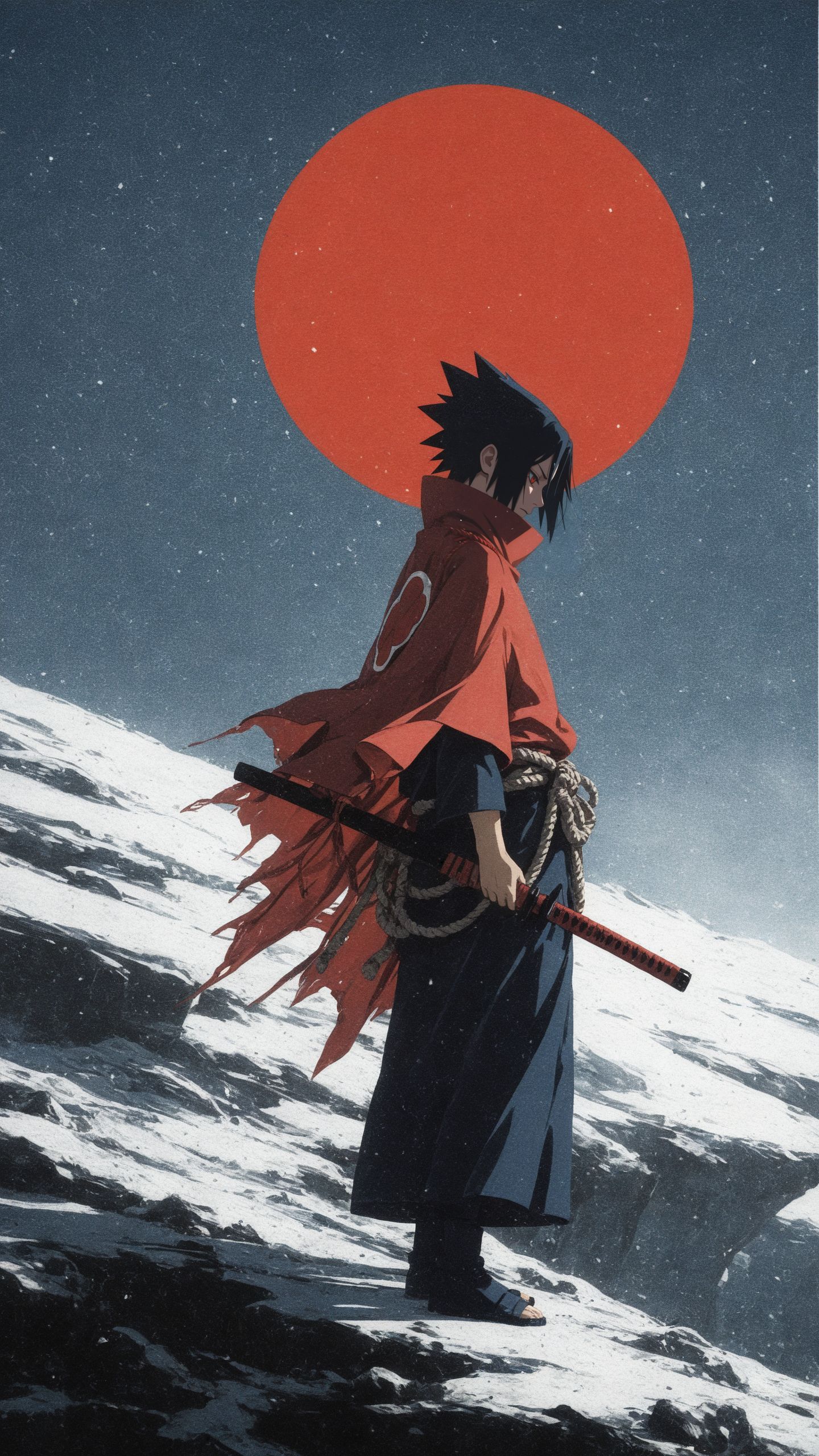 1boy, uchiha sasuke, (edo style:1.3), ,(japanese ink painting:1.3), ((minimalism)) portrait, <lora:add-detail-xl:1>,
masterpiece,best quality,
lone warrior, black hair, spiked hair, crimson red eyes, detailed eyes, dressed in a dark layered cloak with flowing fabric, multiple katanas strapped to his back, intricate rope belt tied around waist,
standing in a snowy battlefield, intense, brooding expression, large red sun in the background, minimal yet dynamic composition, subtle snowfall, epic, cinematic atmosphere, highly detailed anime illustration, textured brushwork,
from the side, side profile