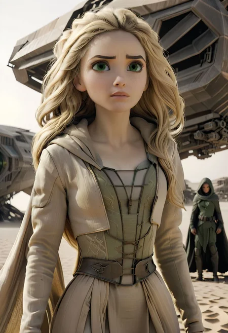 dystopian style wide angle, desert, Dune Environment, solo woman with hooded face, emotional look, white tan windy dress, old tattered dress, science fiction, giant machinery at background,  ziprealism,  SK_CINEMATIC, , bleak, post-apocalyptic, somber, dramatic, highly detailed in linen fabric, loosely woven, gorgeous cloth, highly detailed, (r4punzel, Rapunzel /(tangled/):0.7), blonde hair, solo, 7-Dune, (Dune, directed by Denis Villeneuve, cinematic, futuristic, sci-fi:0.7), full body shot, (green iris:1.2), SkinHairDetail, vertical pupils, exposed breasts, exposed nipples