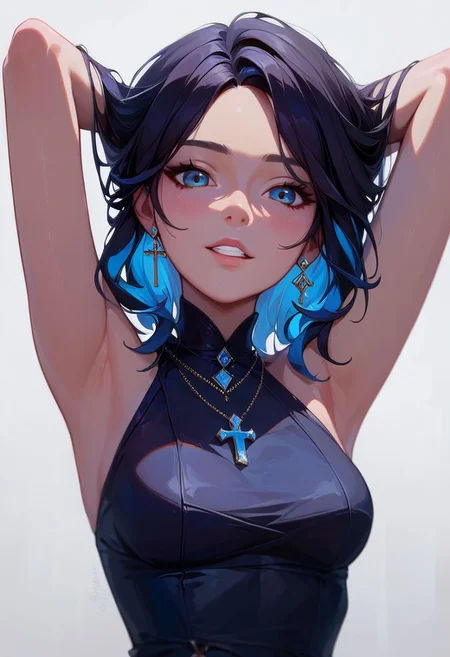 score_9,score_8_up,score_8,Expressiveh,absurdres,masterpeice,+ +, 1girl, arms behind head, arms up, bangs, breasts, cross, cross necklace, jewelry, blue diamond, medium breasts, looking at viewer, medium hair, multicolored hair, black hair, blue hair tips, necklace, parted bangs, solo, teeth, black thight dress, upper body, white background
