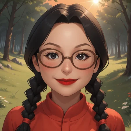 score_9, score_8, BREAK, solo, wii, mii, wii sports, 1girl, female mii, black hair, twin braids, black eyes, brown eyebrows, brown glasses, mole under mouth, blush, red lips, lipstick, red clothing, black pants, shoes, breasts, nintendo mii, modern_mii, classic_mii, Kiriko_(OC_Mii), cute, sexy pose, self portrait, smile, looking at viewer, outdoors, sunlight, shadows, evening lighting, natural lighting, forest, trees, grass, orange sky, sunset