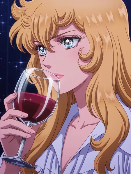 1girl, oscar francois de jarjayes, anime coloring, solo, wine glass, holding wine glass, wine, official alternate costume, drinking, parody, portrait, retro artstyle, lips, sparkling eyes, white frilled shirt, official tv style,
masterpiece,best quality,amazing quality,very aesthetic,absurdres,newest,<lora:oscar_francois_de_jarjayes illusXL v1:0.72>,