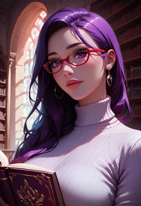 score_9, score_8_up, score_7_up, score_6_up, score_5_up, score_4_up score_9,score_8_up, ( masterpiece, intricate:1.3), (best quality, hires textures, high detail:1.2), (4k),(incredibly detailed:1.4), digital art, female portrait, realistic illustration, Expressiveh, g0thicPXL, glowing, neon, slimes_rize, purple eyes, long hair, purple hair, red glasses, elegant body, turtle neck sweater, black pants, glasses, posing, looking at viewer, unique angle, indoors, library background, reading book, high-resolution, detailed texture, emotional depth, dramatic mood, serene atmosphere, cinematic lighting,