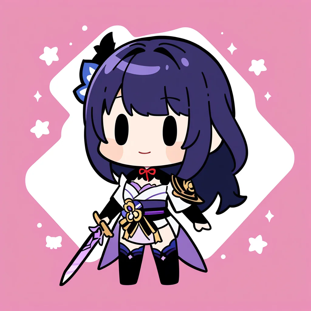 (bkub_\(style\):0.8), 1girl, raiden shougun, genshin impact, solo, holding sword, cleavage, |_|, light smile, safe, newest, masterpiece, very aesthetic