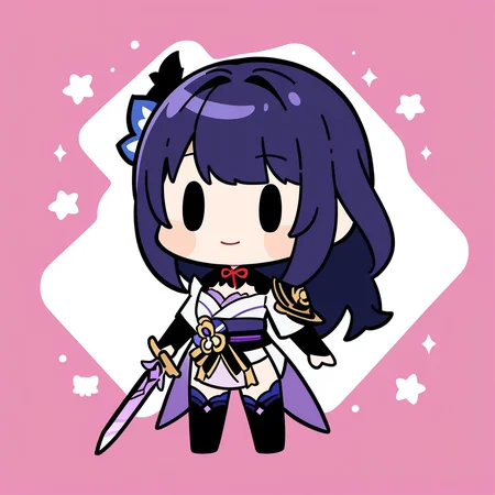 (bkub_\(style\):0.8), 1girl, raiden shougun, genshin impact, solo, holding sword, cleavage, |_|, light smile, safe, newest, masterpiece, very aesthetic