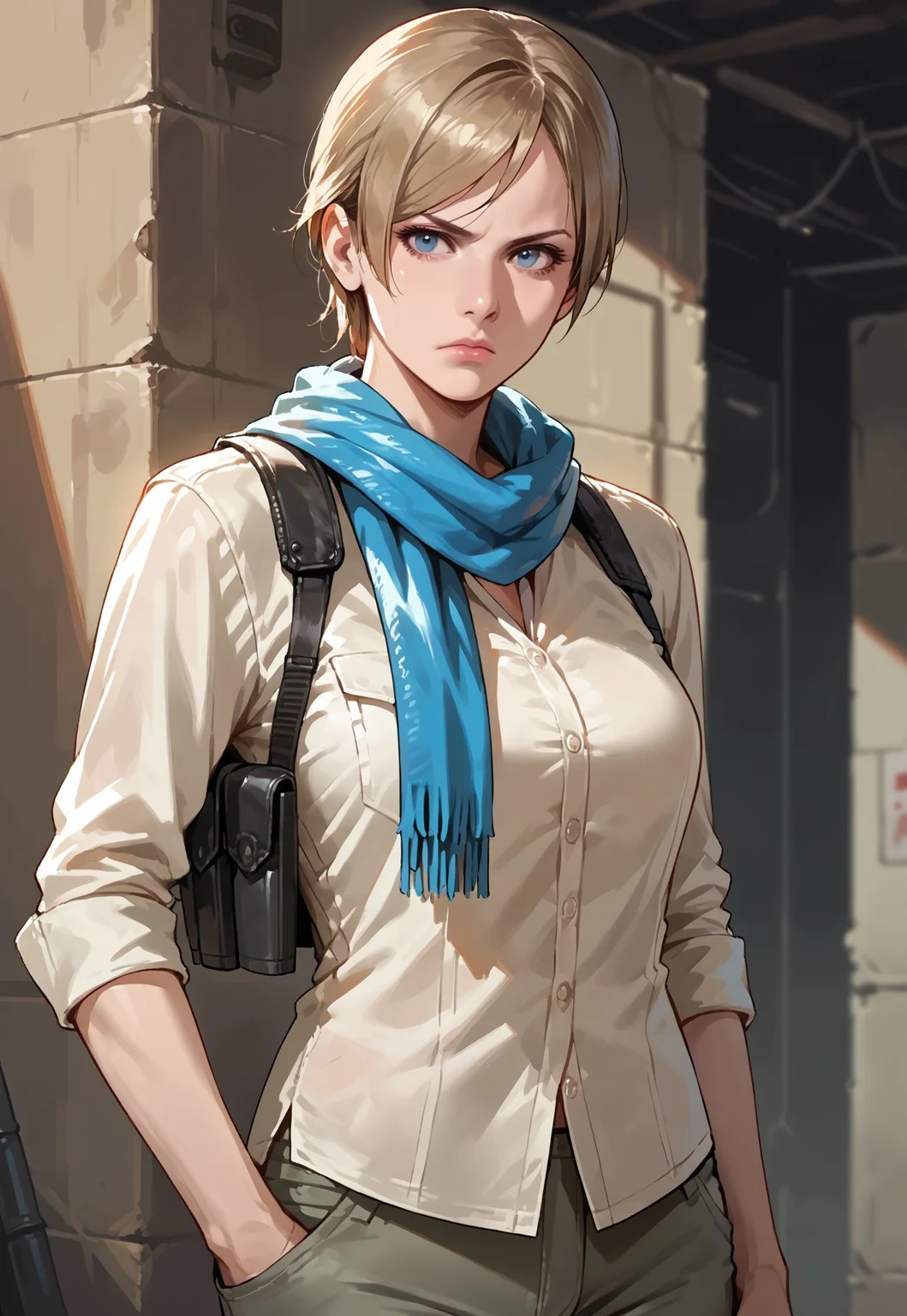 Score_9_up, source_8_up, score_7_up, source_realistic, cowboy shot, serious, 1girl, solo, Sh3rryre6, scarf, shirt, cargo pants, holster,