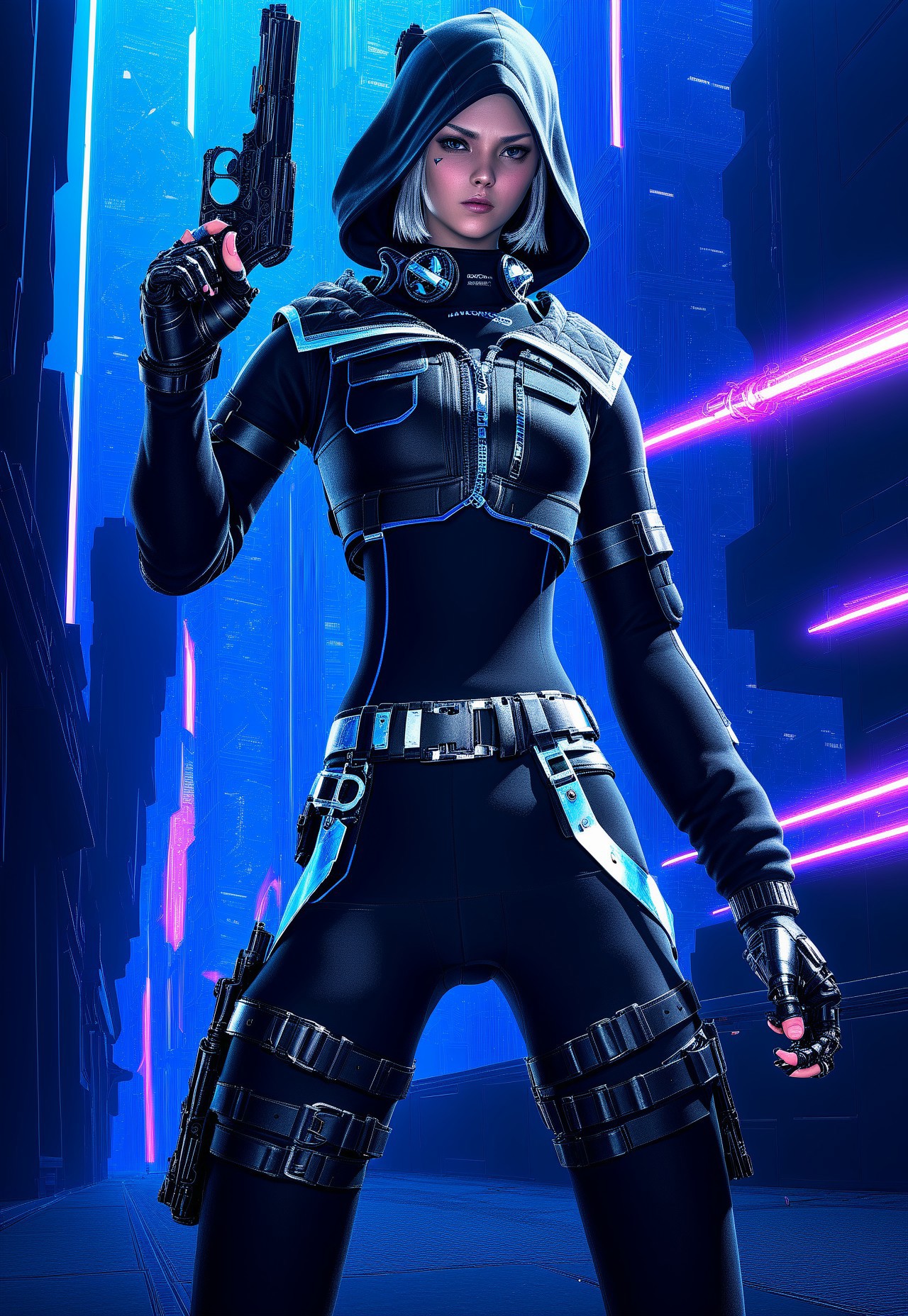 masterpiece, best quality, V4NGU4RD, weapon, 1girl, gun, solo, holding gun, holding, holding weapon, bolero,  black bodysuit,  leggings, gloves, bodysuit, handgun,  cyberpunk, Vanguard Bolero of Striking, belt, hood down, Vanguard Breeches of Aiming, vanguard pistol,  techwear