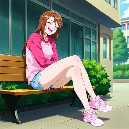 masterpiece, best quality, Diana, 1girl, solo, brown hair, long hair, closed eyes, pink hairclip, soft pink lips, bubblegum light pink shirt, hot pink raglan sleeves, blue denim shorts, pink sneakers, fullbody, laughing, sitting on bench, legs crossed,<lora:Diana_Lombard_illustrious_Leaf1-000010:1>, school building, bushes in background, anime screenshot,