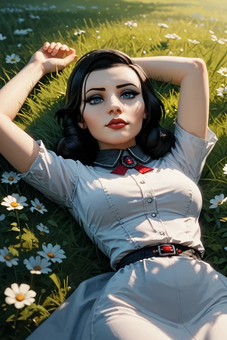 score_9, score_8_up, score_7_up, score_6_up
<lora:BioshockBurialElizabeth:0.8>
BioshockBurialElizabeth, 1girl, black hair, blue eyes, looking at viewer, lying in a field of wildflowers, arms stretched out, sun shining through the clouds, soft and warm lighting, peaceful and nature-connected feeling