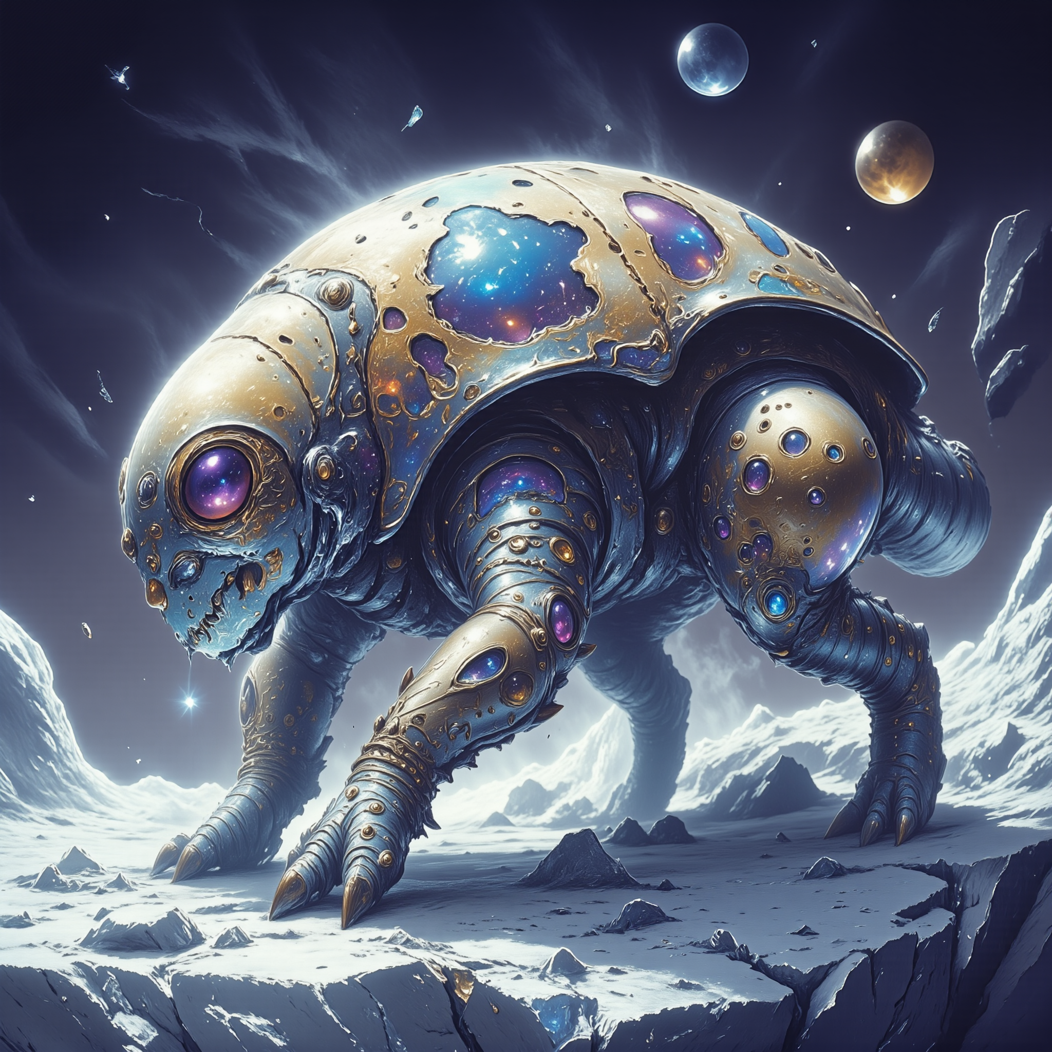 highly detailed, intricate, detailed background, award-winning macro photo, (short depth of field:1.2), (fractal art:0.7), the (diminutive:1.4) "stubborn irkdyme" is a (magical:1.1) and (wondrous:1.1) (metallic abomination:1.1) roaming the oilgeary crystalline ice plains of its homeworld "thingammaberry v", its mirrored stocky shell shimmering with iridescent colors under a elminstered dramatic sky, (dappled sunlight:1.2), golden ratio, in the style of ck-ovf, amanoer, arsmjstyle, dnddarkestfantasy, aidmamj6.1, 
<lora:style-oneviolentfantasy-ep21-flux-by_chronoknight:0.6> 
<lora:style-yoshitaka_amano-elden_ring-flux-by_alicient:0.28> 
<lora:style-dnd_dark_fantasy-flux-by_arsmachina:1.0> 
<lora:midjourney_61-v0.4-flux-by_aidma:0.68> 
<lora:faetastic_details-flux-by_faeia:0.6>