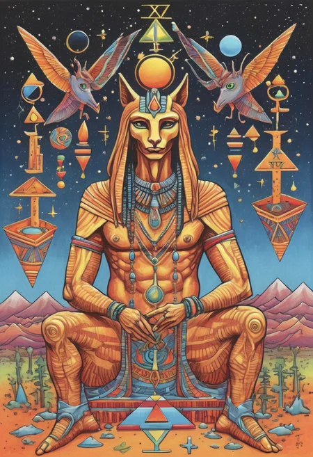 a drawing of Lunar Anubis, Egyptian psychadelic journey, a pharoh having a psychadelic vision, drinking from the tree of life, ((sigil of pyramid, sigil of great power, frames cube FancyTurning:1.5), (three planes) X Y Z in occult space, colorful psychedelic Egyptian themed trip,